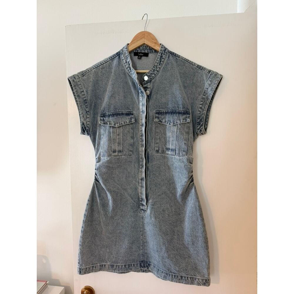 ✨ Lulus Light Wash Denim Mini Dress Medium Utility Cotton Snap Front